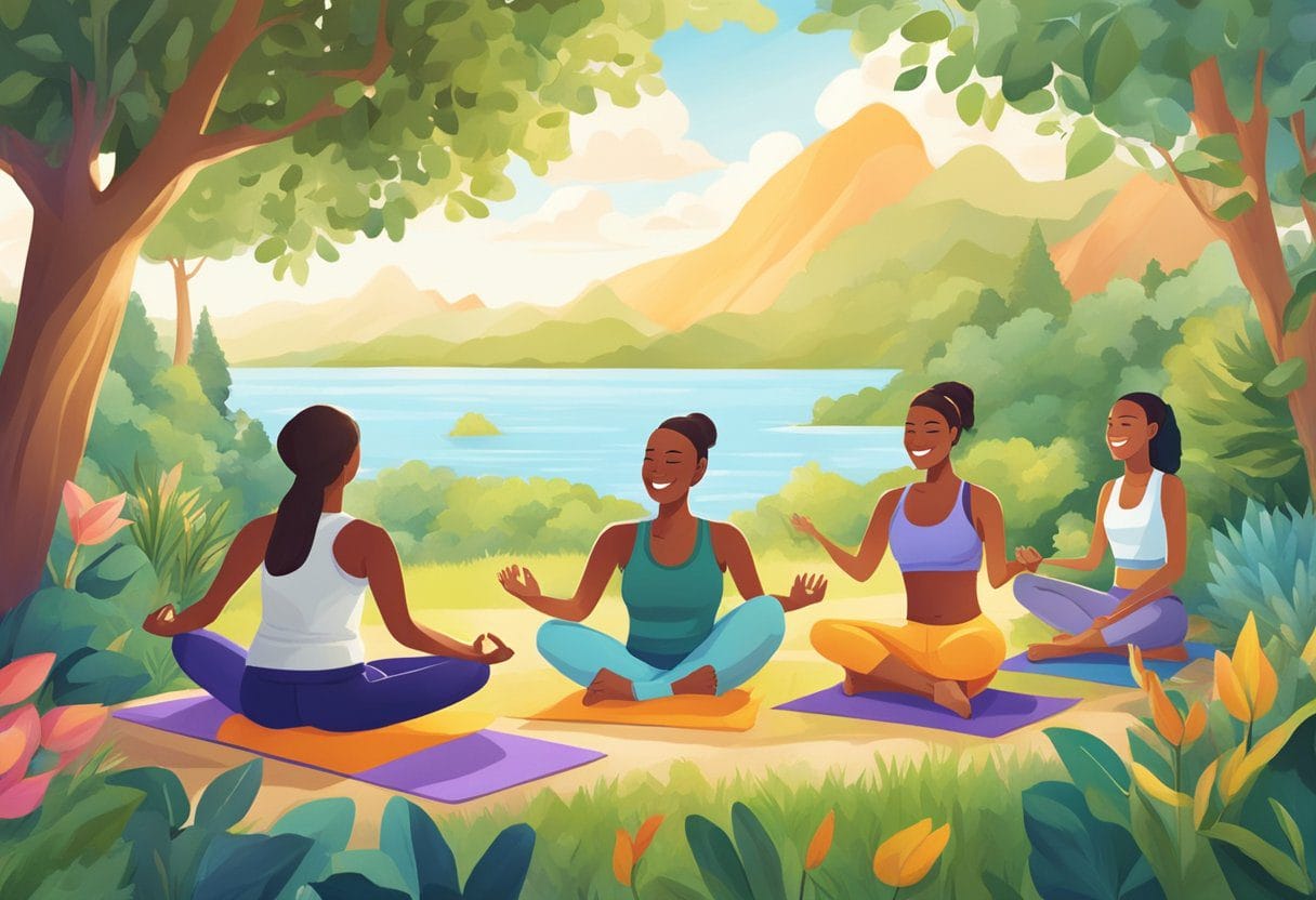 People engaging in outdoor activities, yoga, and healthy eating. A serene natural setting with vibrant colors and smiling faces