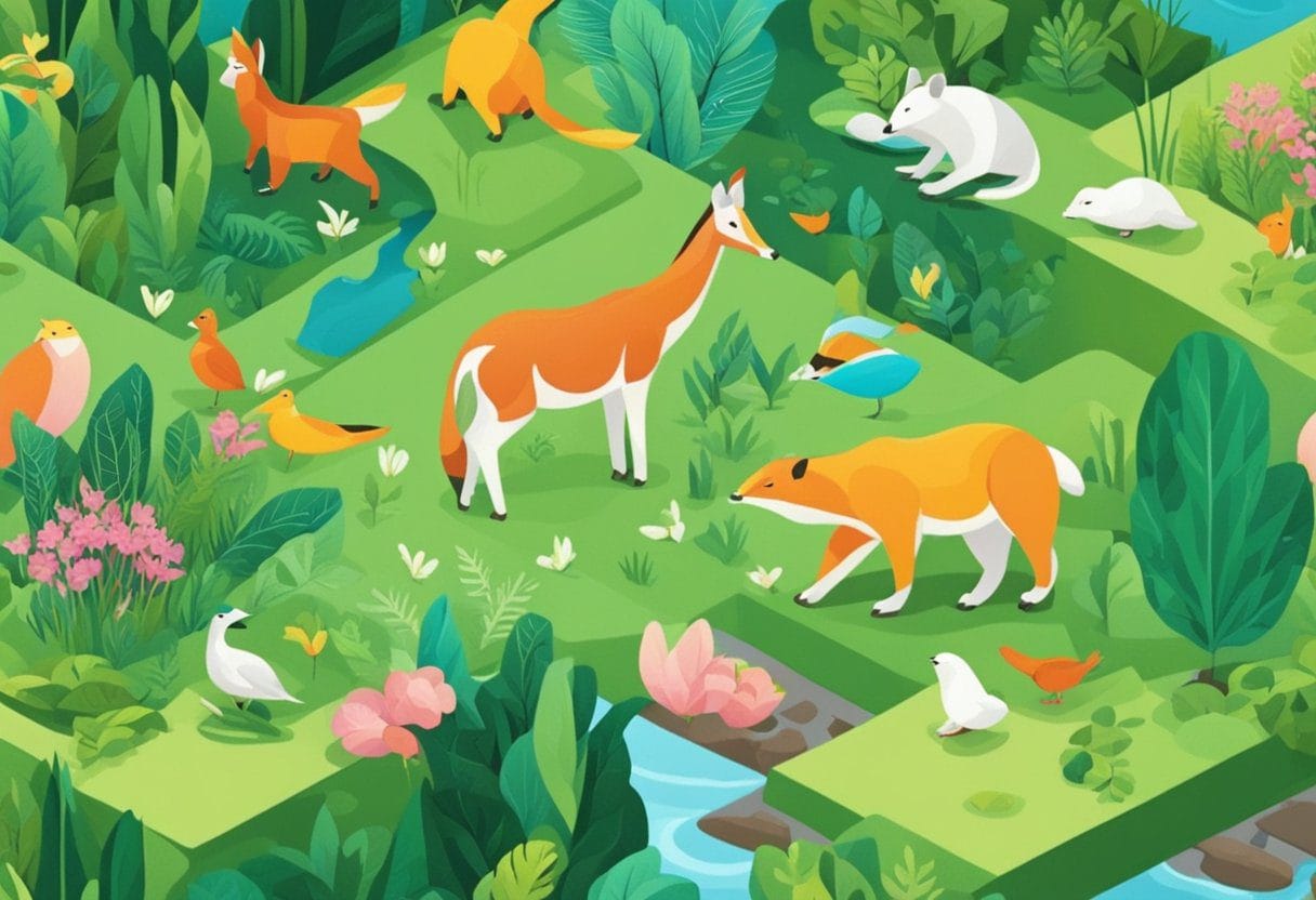 image-20 - Preventive Medicine Daily A serene, natural setting with vibrant colors and lush greenery, featuring two animals engaged in a playful, affectionate interaction