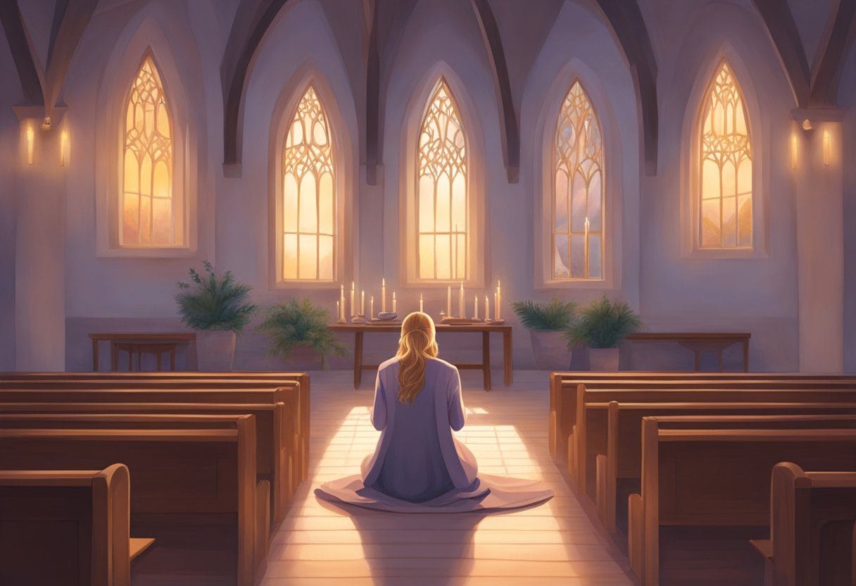 A woman kneels in a peaceful chapel, surrounded by soft candlelight, as she prays for healing from breast cancer. The room is filled with a sense of hope and faith