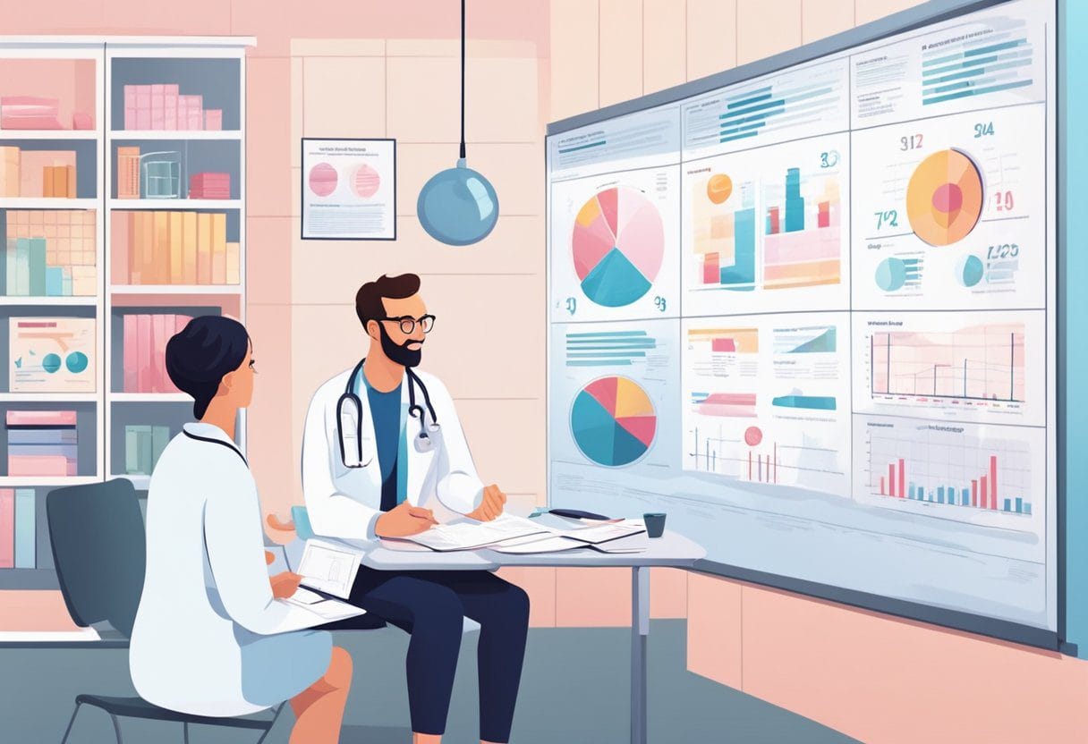 A doctor discusses benefits and risks with a patient in a clinic. Charts and graphs on a wall display statistics and information about breast cancer screening