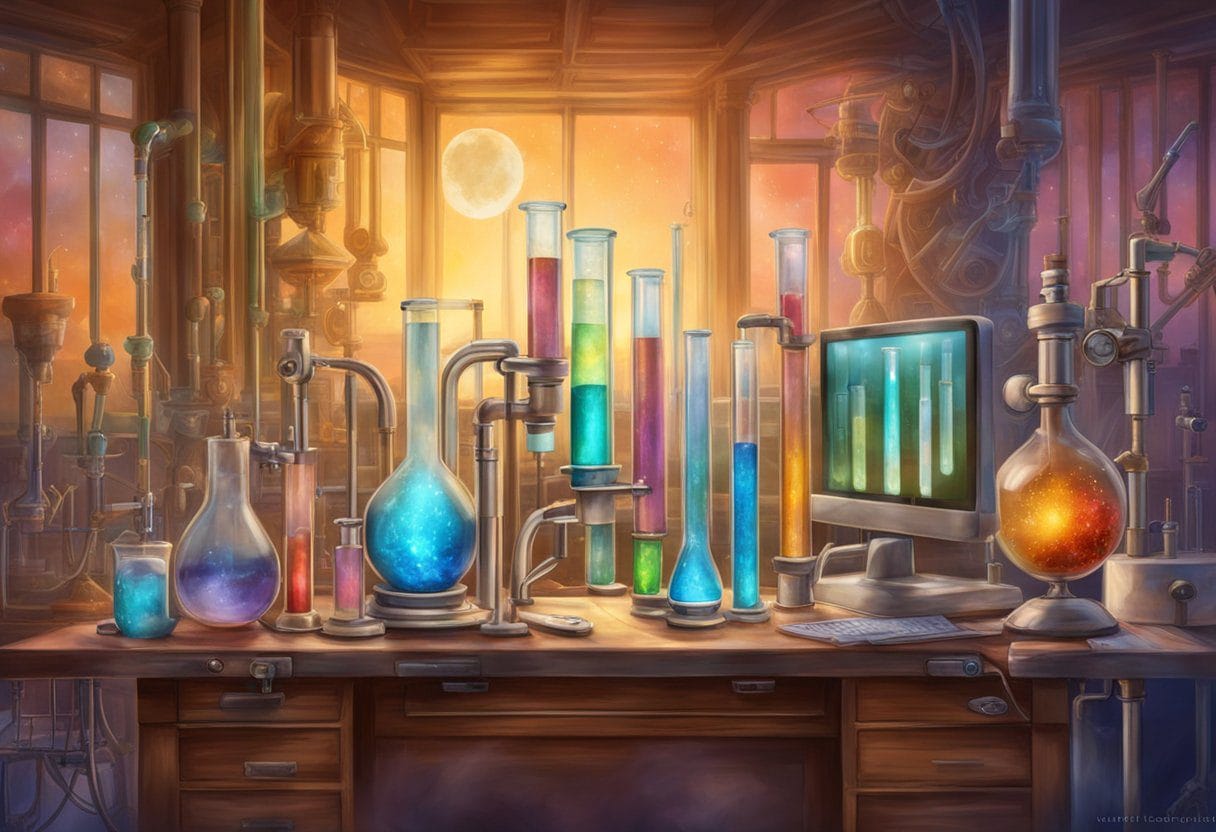 Medical equipment and test tubes on a lab bench, with a computer screen displaying test results for common diseases