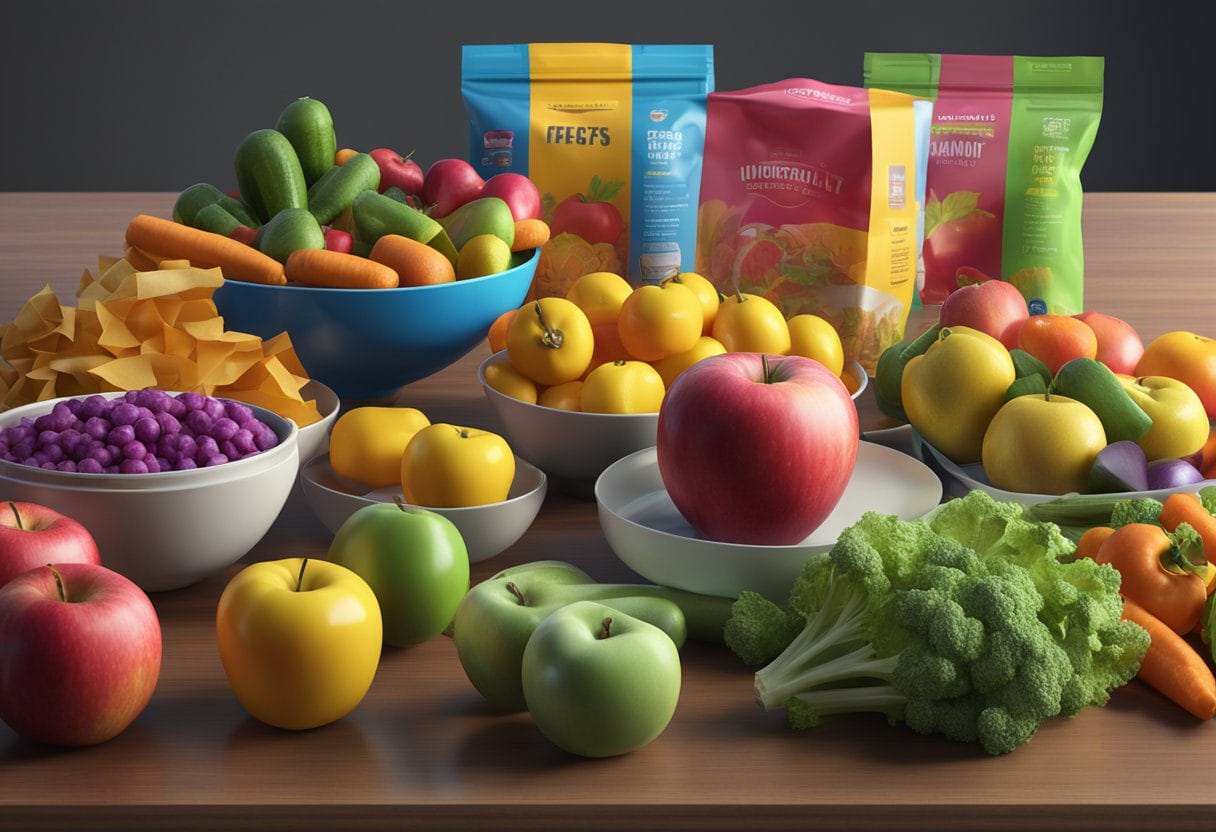 image-405 - Preventive Medicine Daily A table piled with colorful, packaged ultra-processed foods next to a sad-looking apple and a vibrant bowl of fresh vegetables