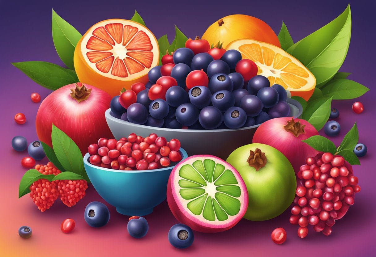A colorful array of superfruits like acai, goji berries, and pomegranates, bursting with antioxidants and nutrients, displayed on a vibrant backdrop