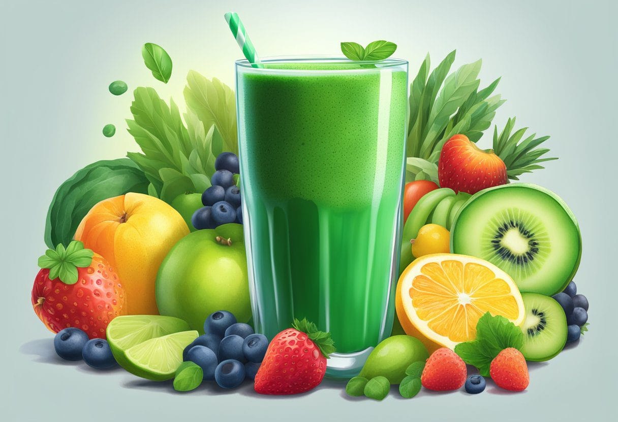 A vibrant green spirulina smoothie surrounded by fresh fruits and vegetables, with a glowing halo of energy and vitality emanating from it