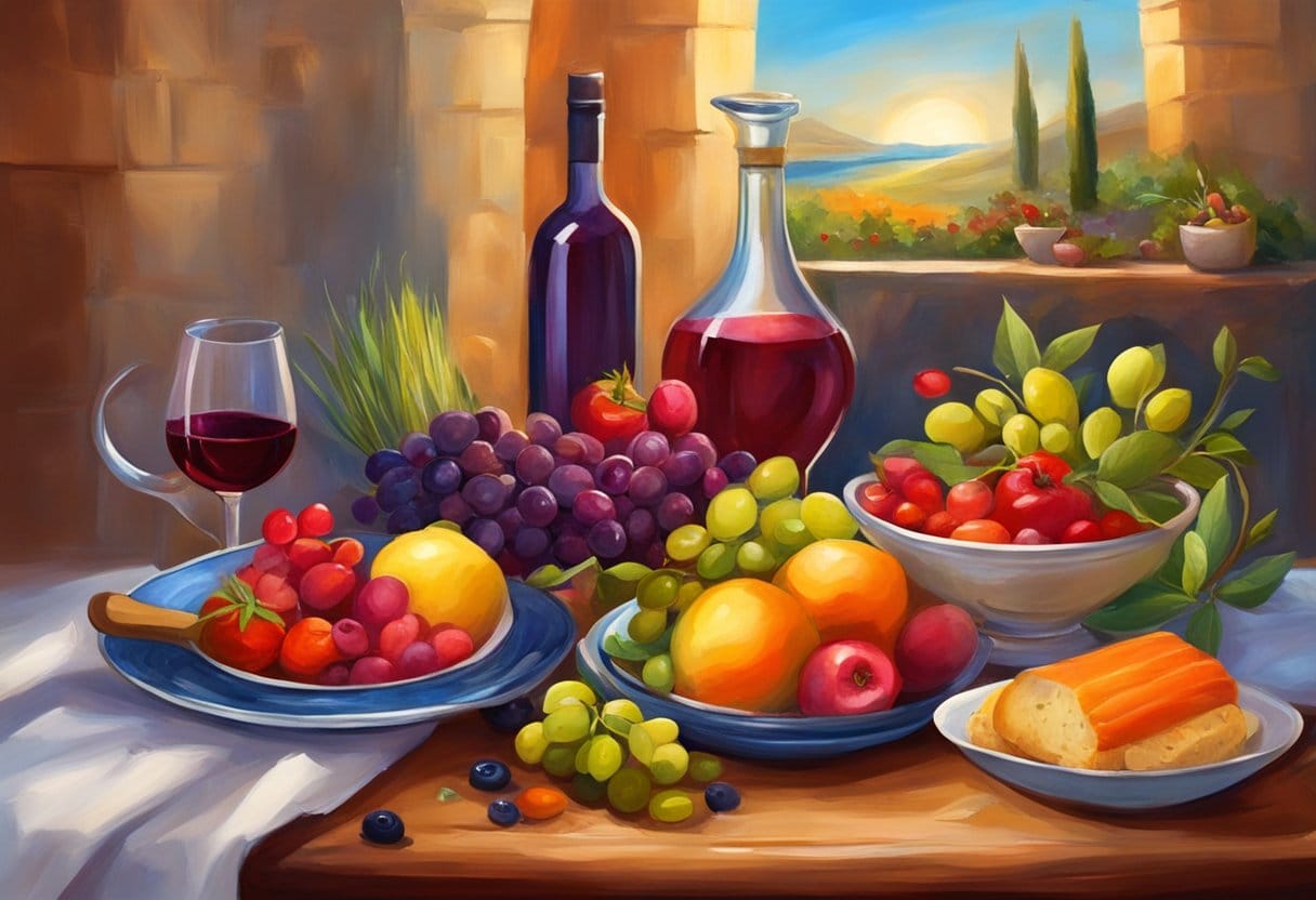 A table set with colorful fruits, vegetables, fish, and olive oil. A bottle of red wine and a bowl of olives sit beside a plate of whole grain bread