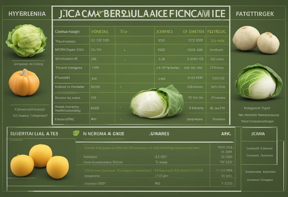 A table with jicama, surrounded by various vegetables. A chart showing the nutritional benefits of jicama compared to other vegetables