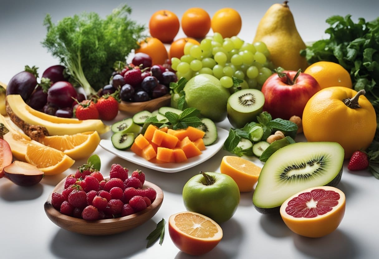 A colorful array of fruits, vegetables, and lean proteins arranged on a clean, white table. A variety of herbs and spices are scattered around the ingredients, creating a vibrant and inviting scene