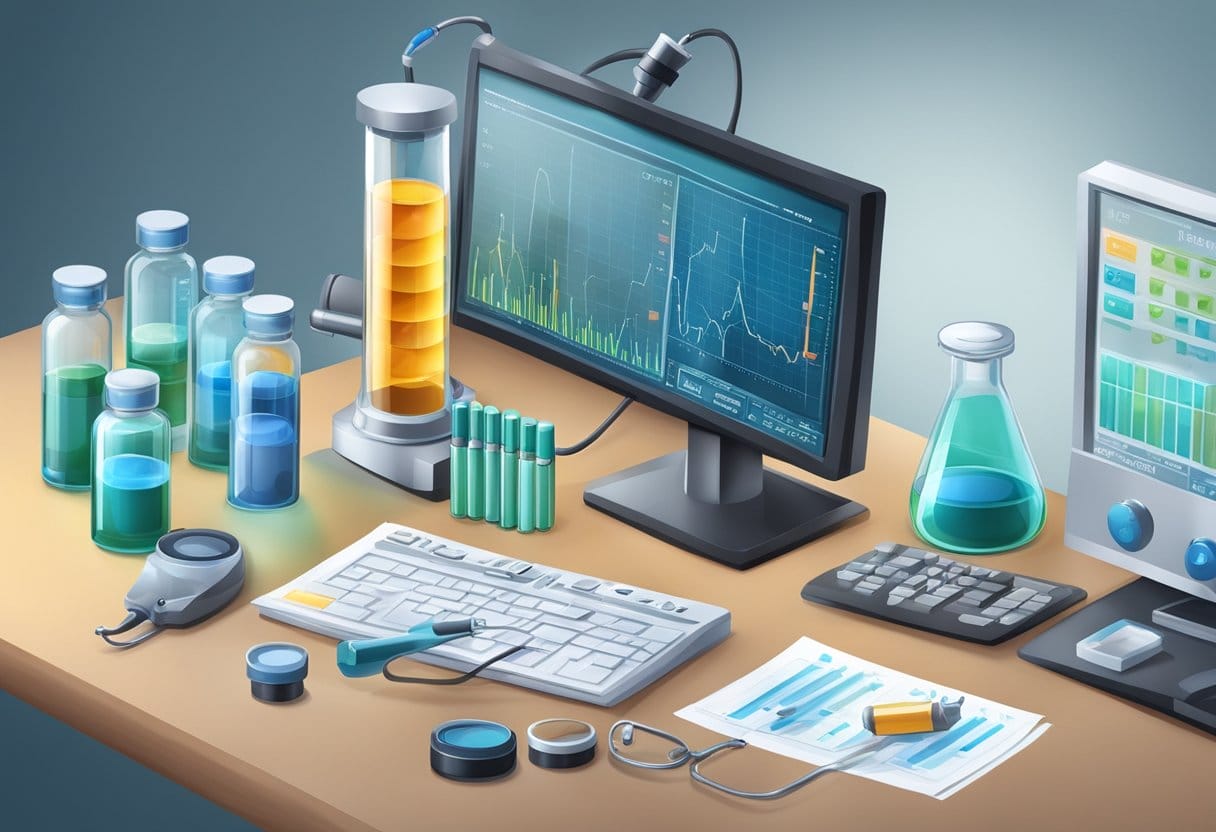 image-27 - Preventive Medicine Daily A laboratory table with vials of chromium and vanadium, a microscope, and a computer screen displaying diabetes research data