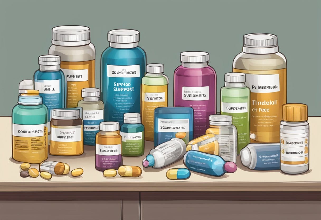 A table with various supplement bottles labeled "Supplemental Support for Related Conditions" and "Best supplements for diabetes and insulin resistance."