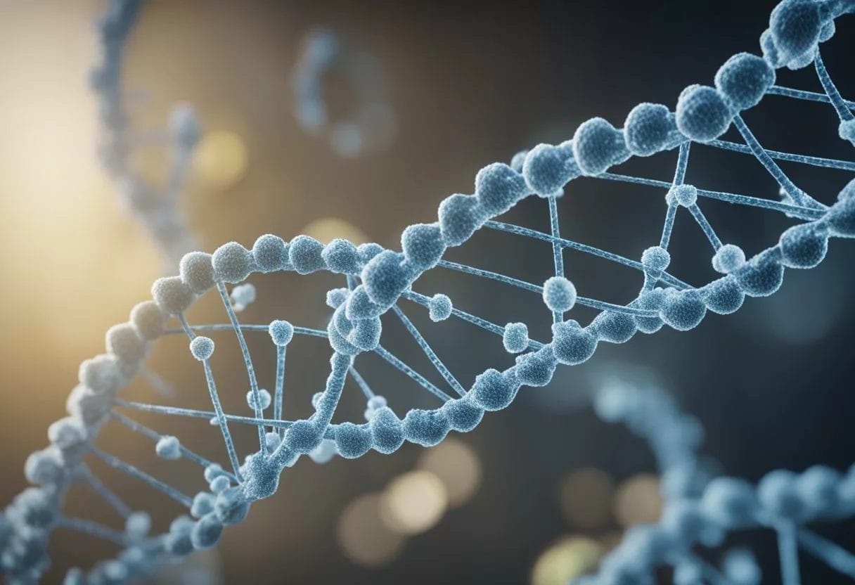 A DNA helix unwinds, revealing genetic code. A microscope zooms in on specific genes, highlighting their importance in preventive genomics