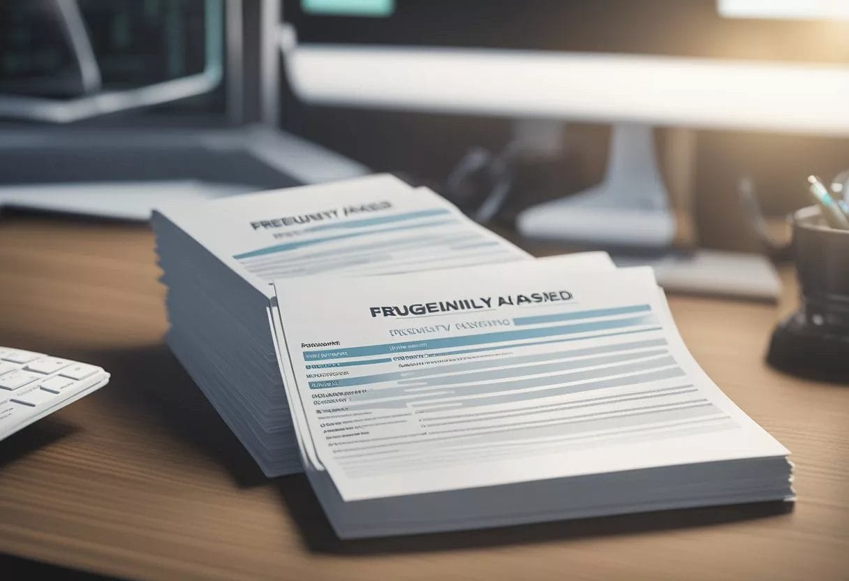 A stack of pamphlets labeled "Frequently Asked Questions preventive genomics" sits on a sleek, modern desk, surrounded by a computer and scientific equipment