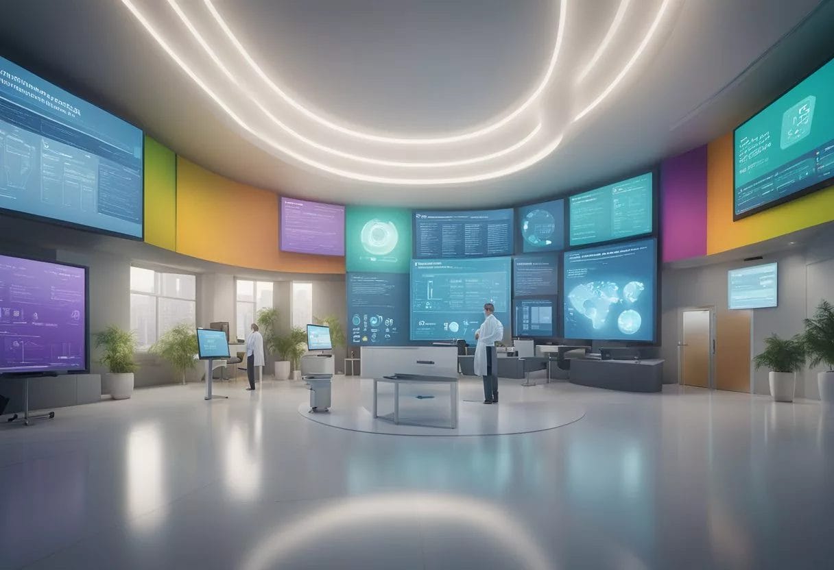 A colorful infographic displaying genetic information and educational resources on a digital screen, surrounded by engaged patients and healthcare professionals