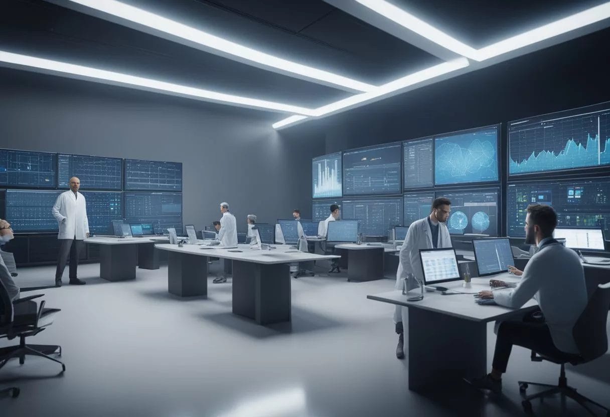 Scientists analyzing genetic data, public debates, and medical breakthroughs on a global scale