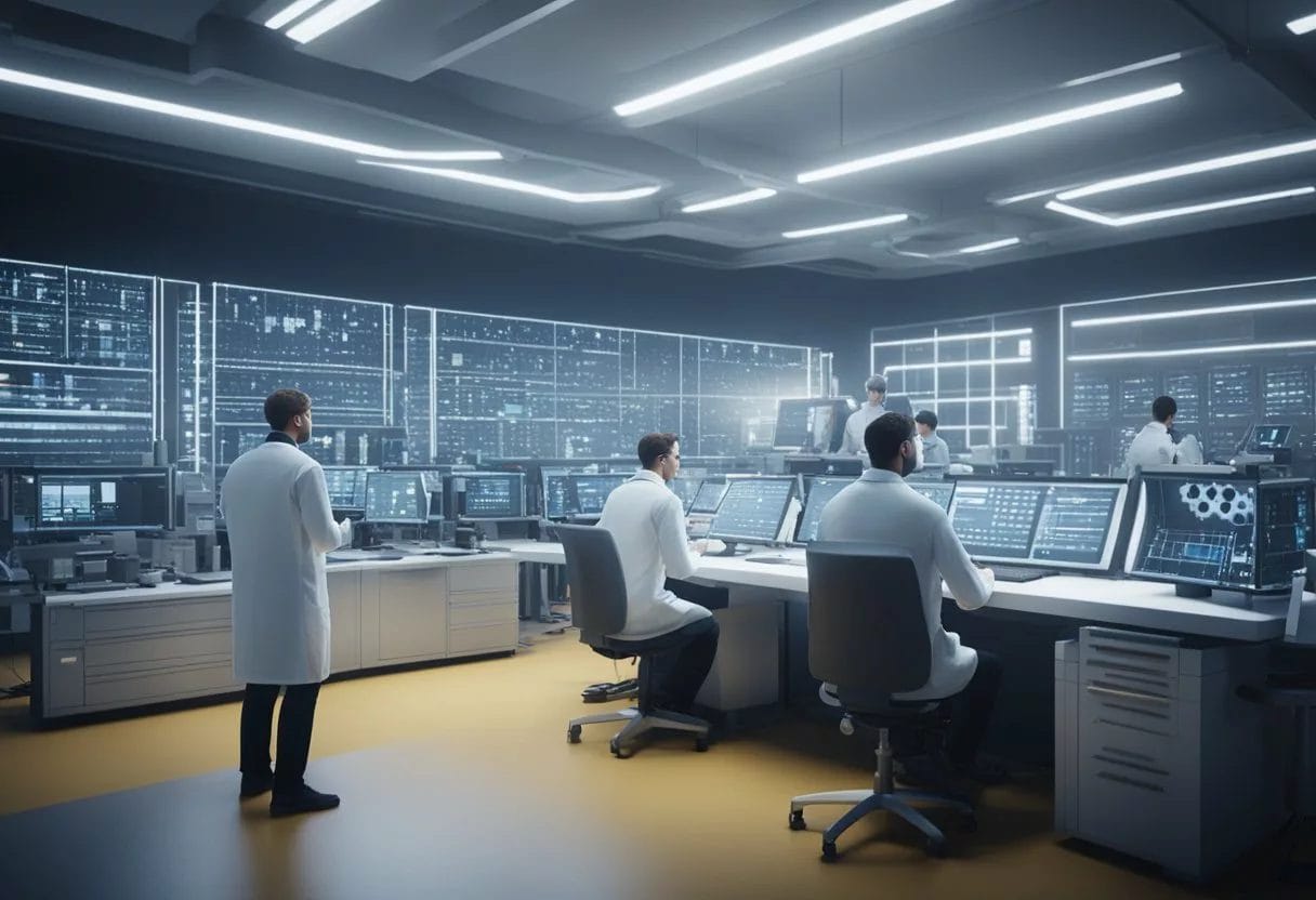 Scientists analyzing DNA sequences in a lab, surrounded by advanced technology and research equipment