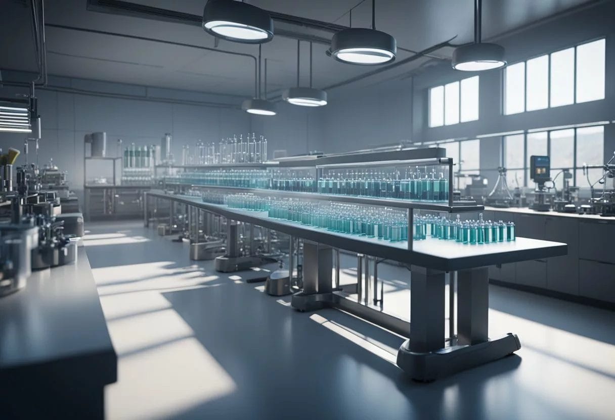 A laboratory setting with test tubes, microscopes, and genetic sequencing equipment, with a focus on disease management and preventive genomics research