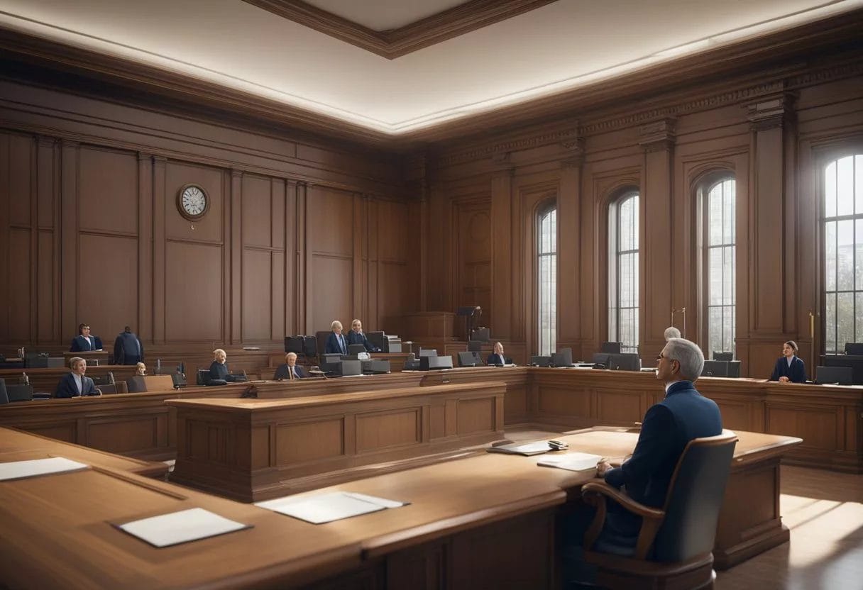 A courtroom with judges and lawyers discussing preventive genomics policy and legal framework