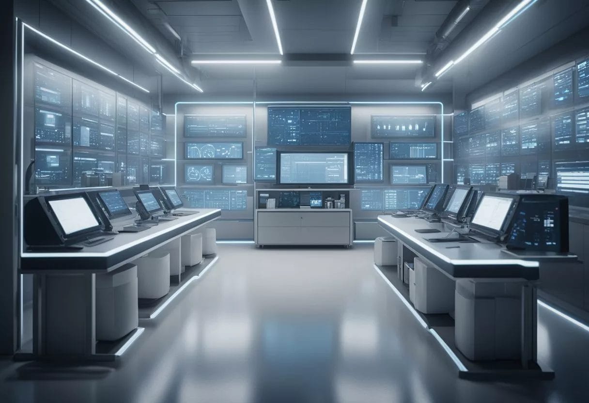 A laboratory setting with futuristic equipment and screens displaying genetic data for preventive genomics research