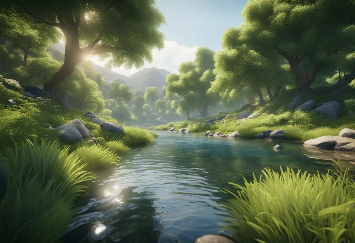 Lush green landscape with clean air and flowing water, surrounded by diverse wildlife