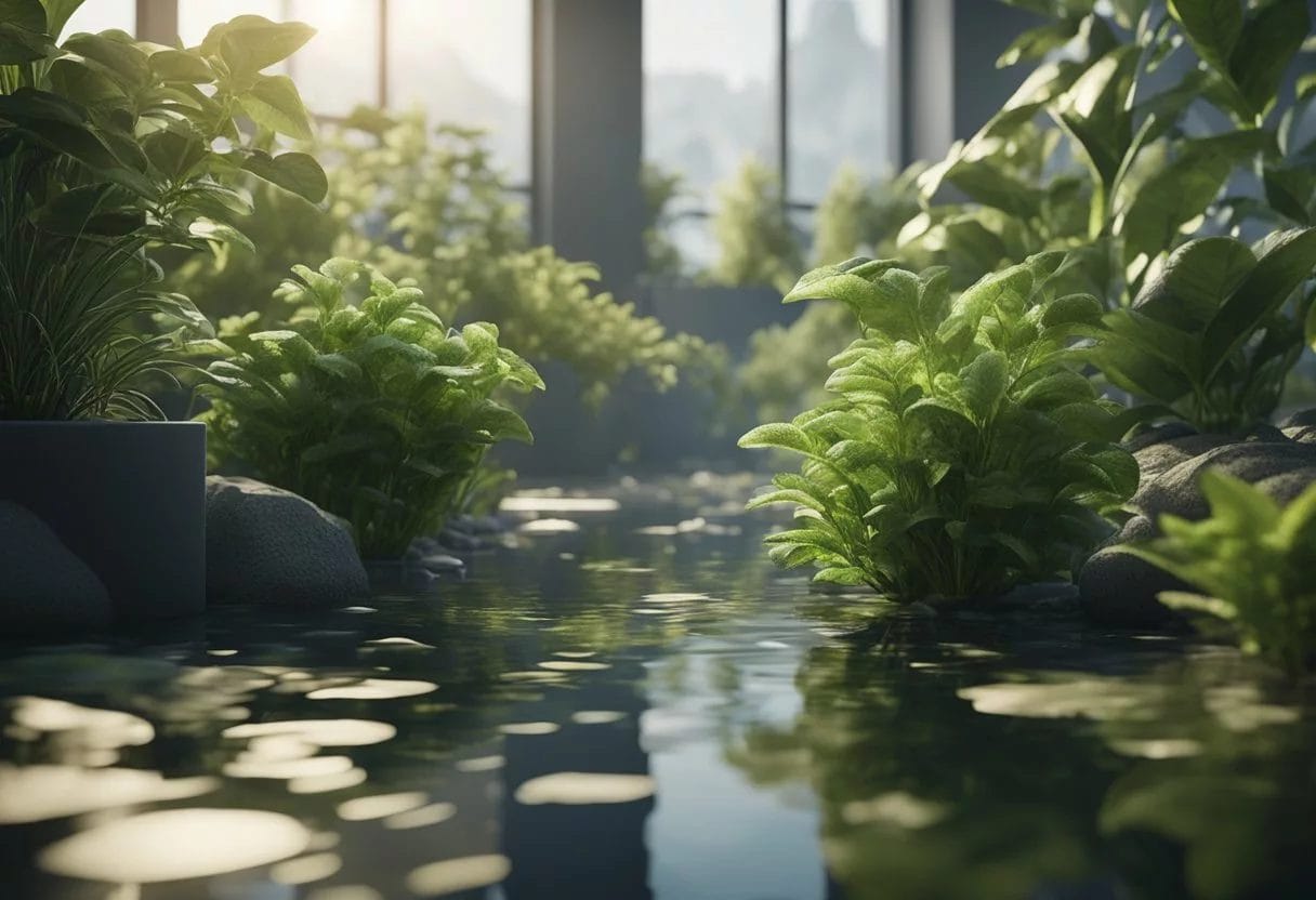 Healthy plants thriving in clean air and water, while wilted plants struggle in polluted surroundings