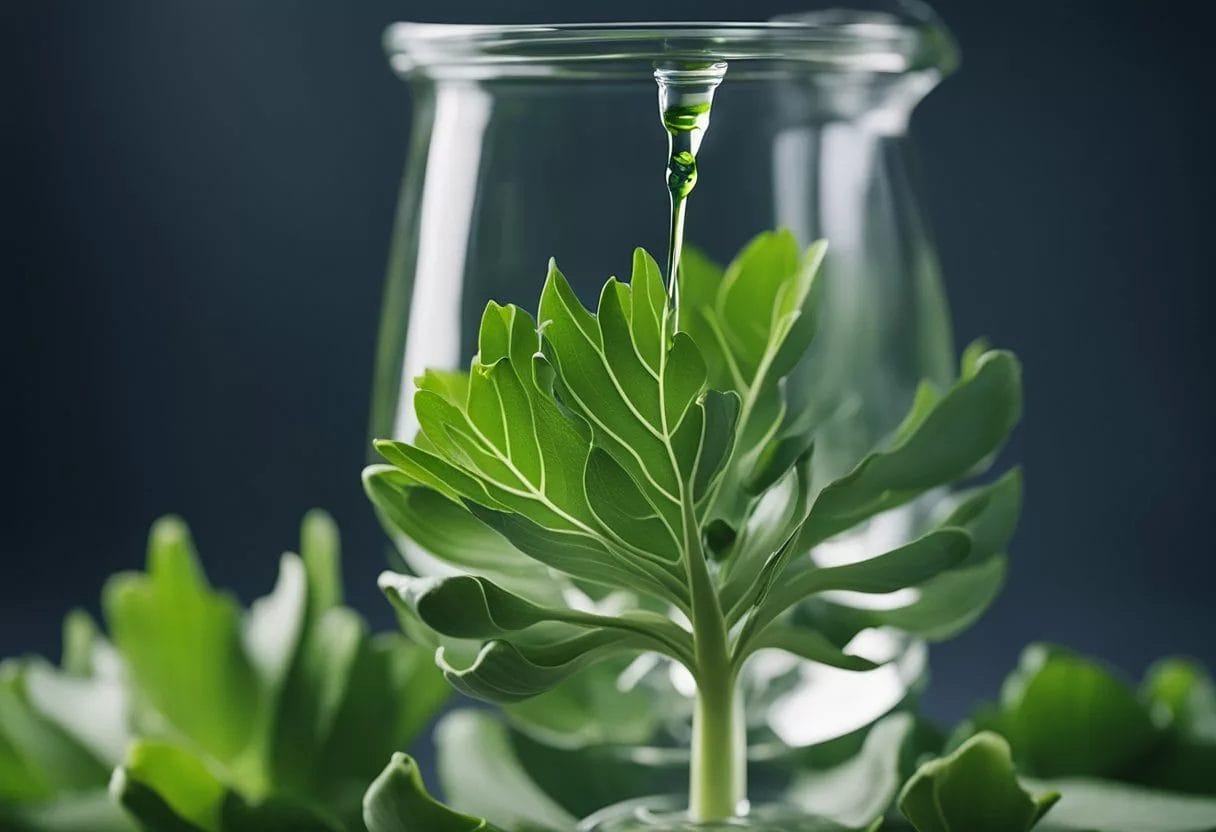 image-185 - Preventive Medicine Daily An artichoke leaf extract drips from a fresh, green leaf into a glass vial