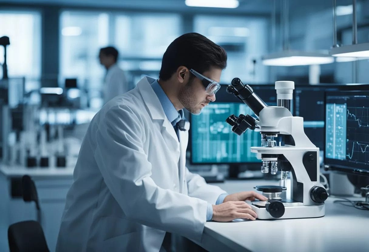 A laboratory with scientific equipment and computers, with a person manipulating genetic material or experimenting with biohacking techniques