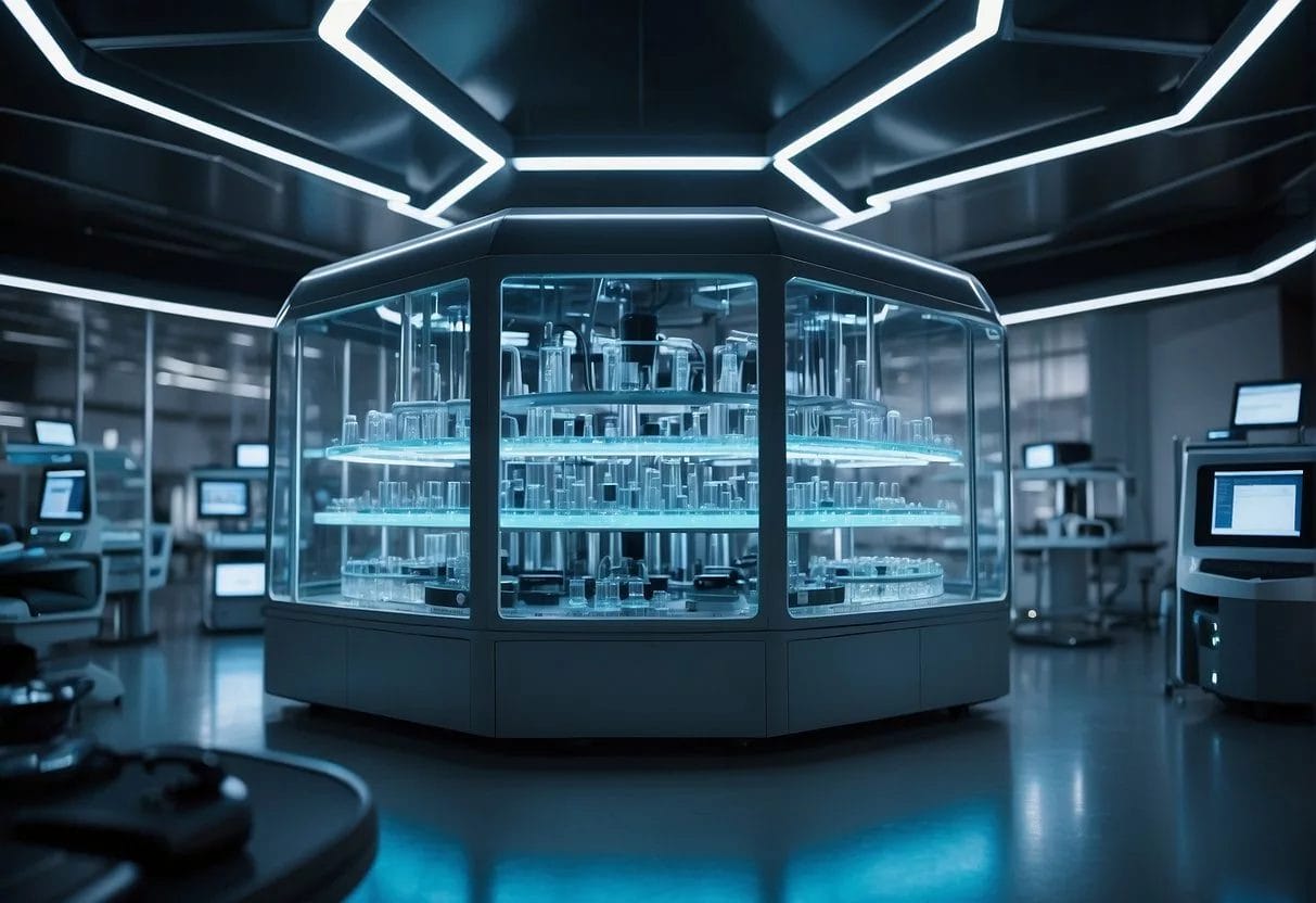 A futuristic laboratory with glowing vials and advanced equipment, showcasing the cutting-edge technology behind the development of nootropics