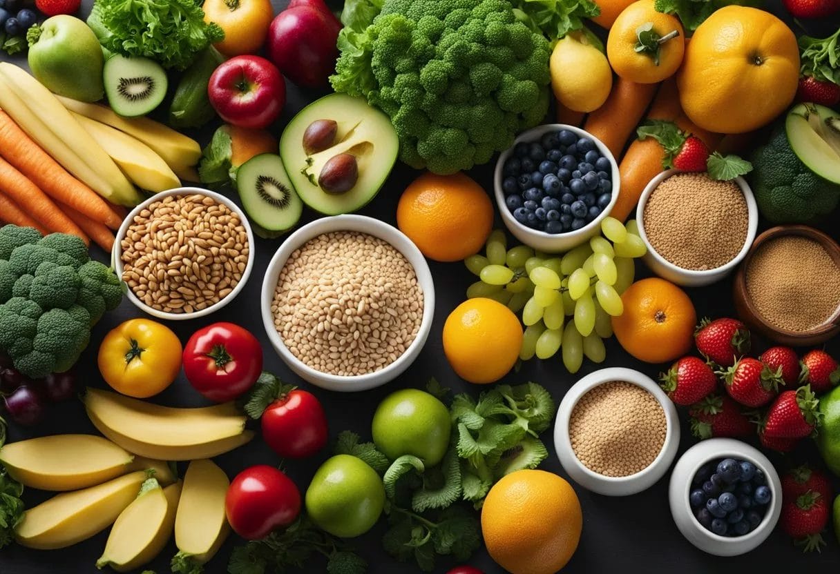 A colorful array of fresh fruits, vegetables, whole grains, and lean proteins arranged on a table, with a focus on anti-inflammatory foods for an IBD diet
