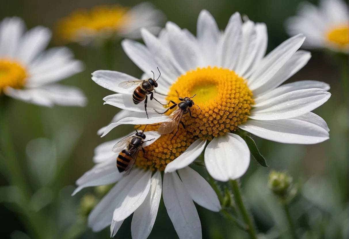 Two flowers of different sizes, one blooming fully and the other only partially, surrounded by various insects