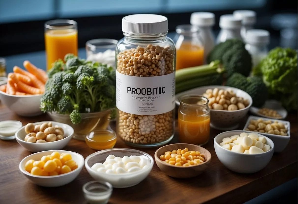 Various prebiotic and probiotic foods on a table, surrounded by scientific research papers and a futuristic, innovative laboratory setting