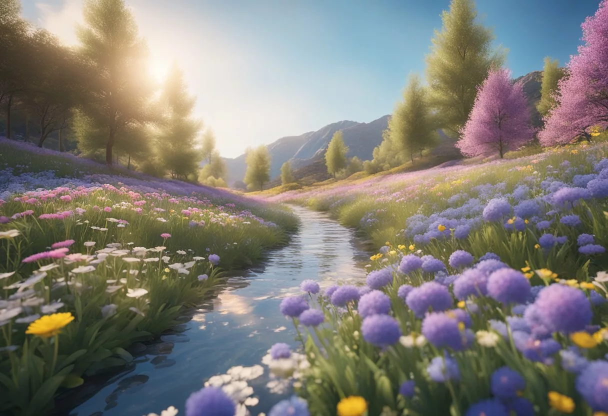 image-221 - Preventive Medicine Daily A serene landscape with colorful, blooming flowers and a clear blue sky, representing the positive impact of probiotics on mental health