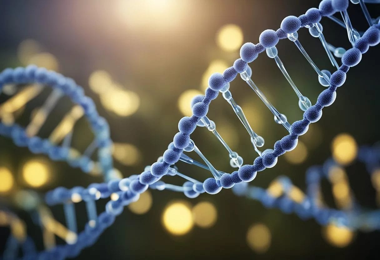 Methylation: DNA strand with methyl groups added at specific points, altering gene expression