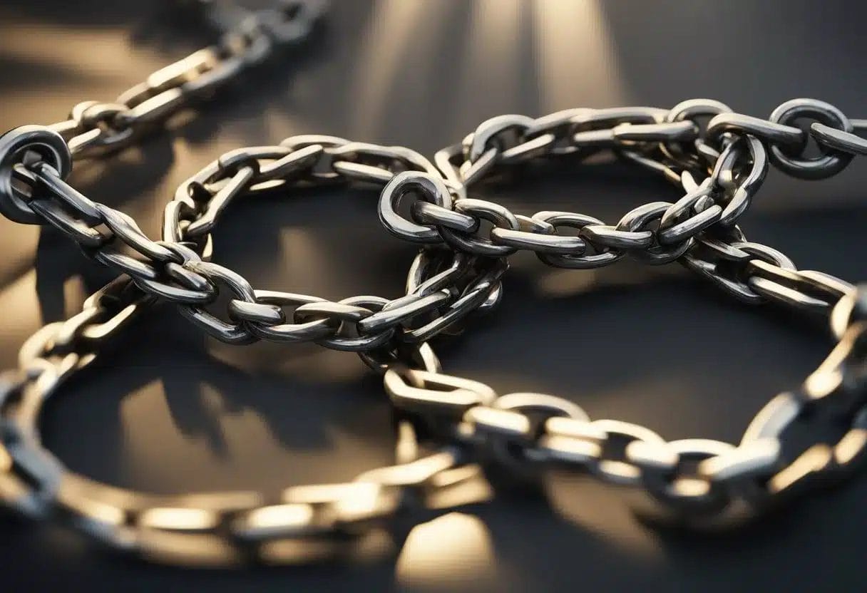 Forgiveness: two broken chains, one mended. Light shining through, symbolizing freedom from resentment and restoration of relationships