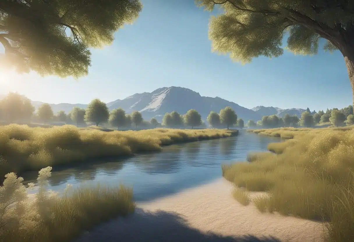 A serene, open landscape with a calm, flowing river and a clear blue sky, symbolizing the peace and freedom that comes with forgiveness