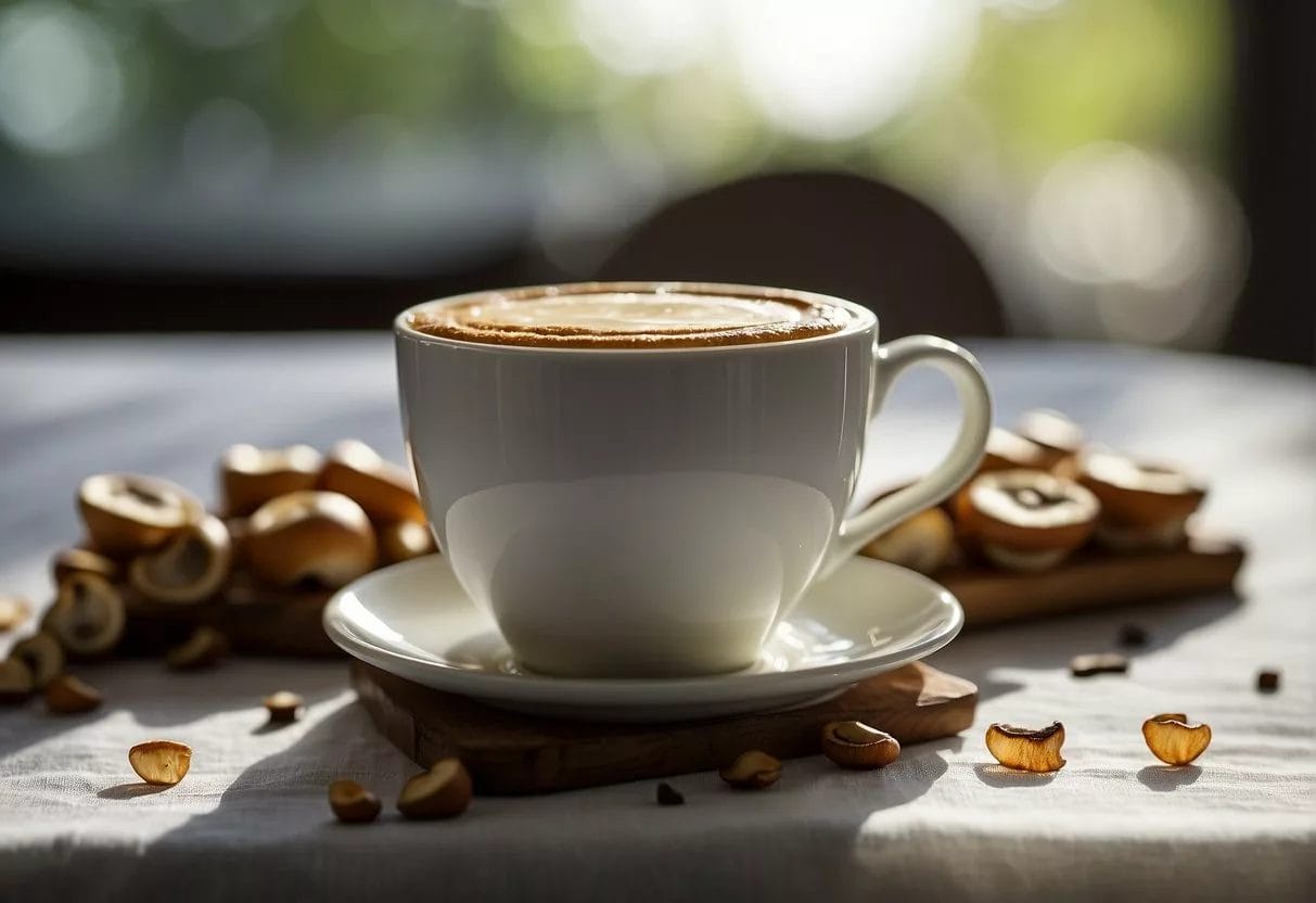 image-387 - Preventive Medicine Daily A cup of mushroom coffee spills, staining a white tablecloth