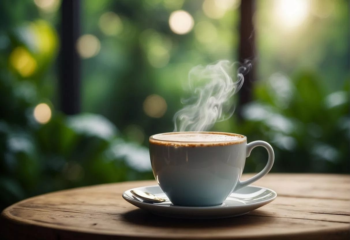 A steaming cup of mushroom coffee sits on a wooden table, surrounded by vibrant green leaves and a clear glass of water