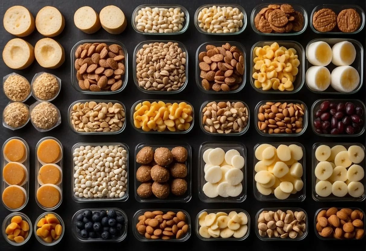 A variety of high-protein snacks displayed on a clean, organized surface with clear labels and portion sizes. No clutter or distractions in the background