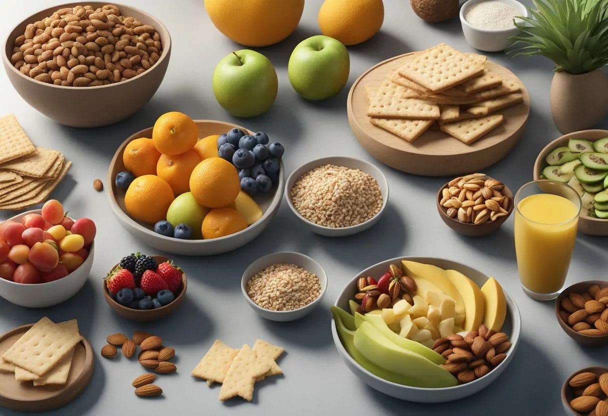 A table with a variety of healthy snacks, like fruits, nuts, and whole grain crackers, accompanied by a nutrition guide and diabetes-friendly recipes