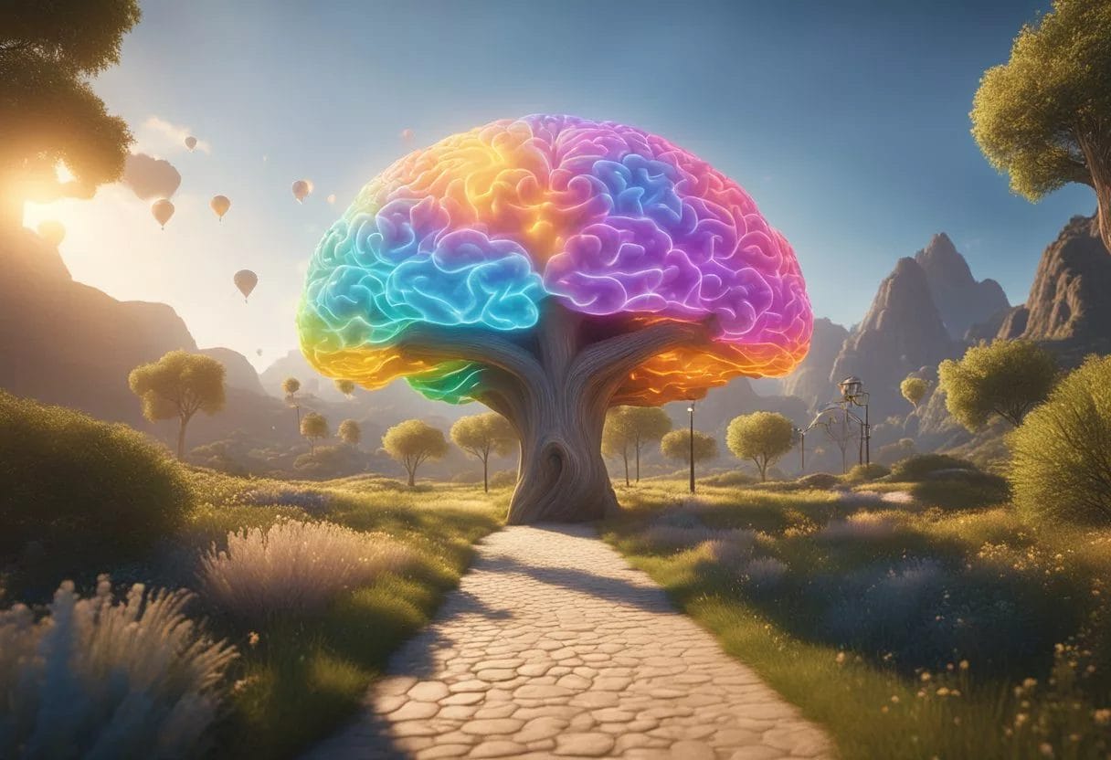 A colorful brain with a glowing pathway leading to a bright, sunny landscape, surrounded by symbols of joy and contentment