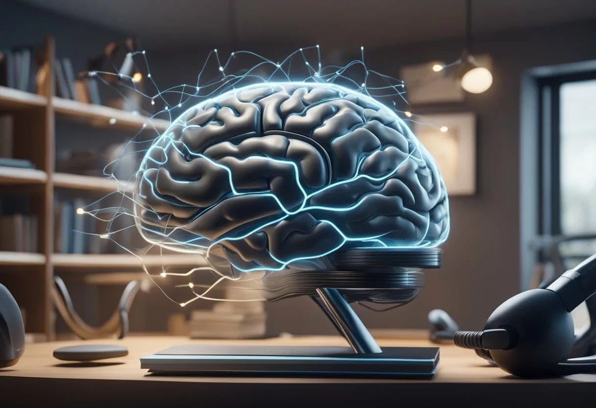A brain with electrical signals flowing through it, surrounded by exercise equipment and books on memory and physical activity