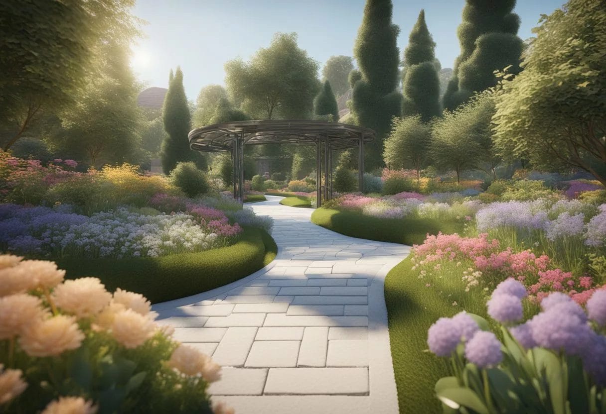 A serene garden with winding paths and colorful flowers, a peaceful setting with clear signage and easy-to-read information about dementia prevention