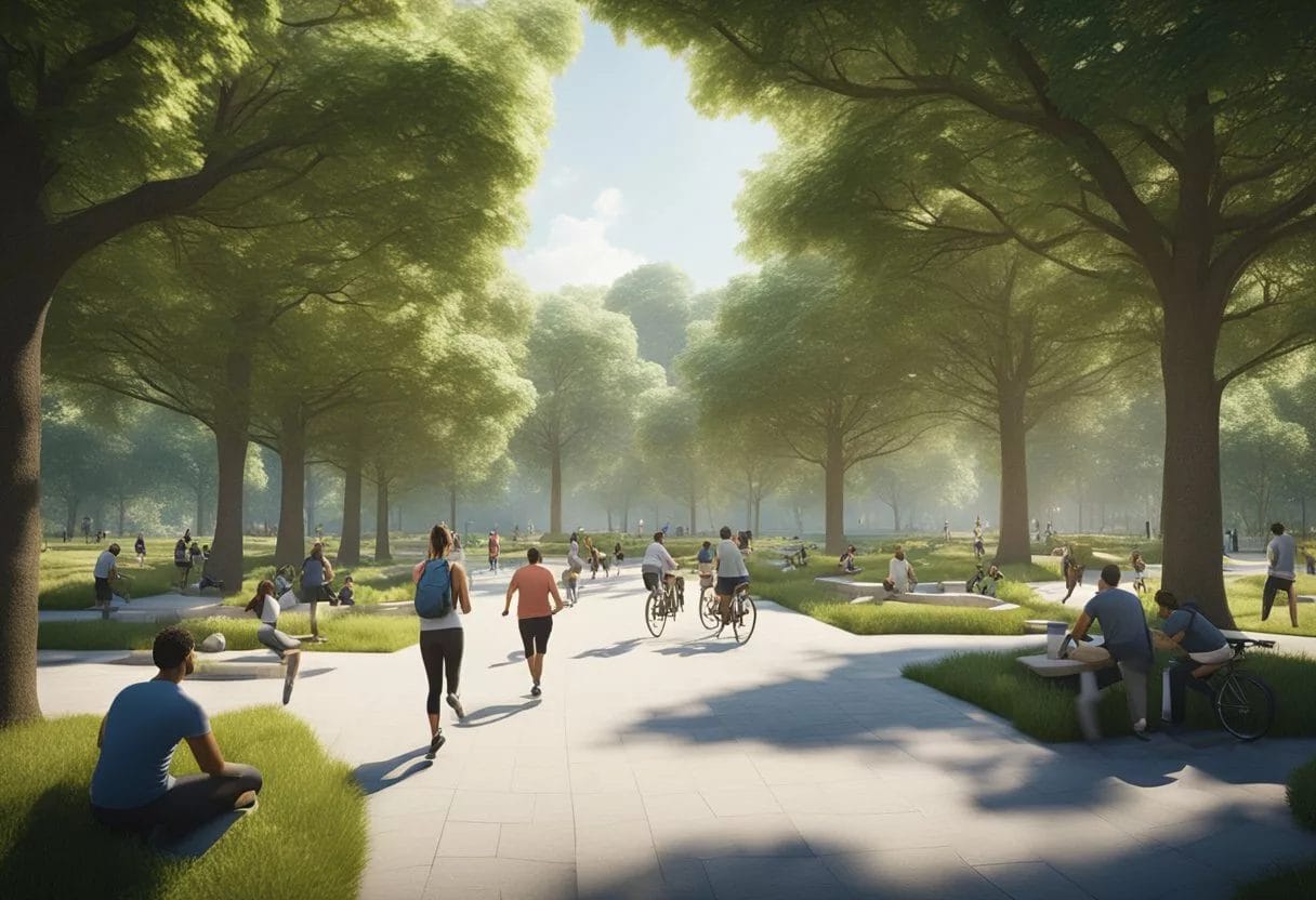 A serene park with people engaged in physical activities, surrounded by greenery and clean air, with signs promoting healthy lifestyle choices