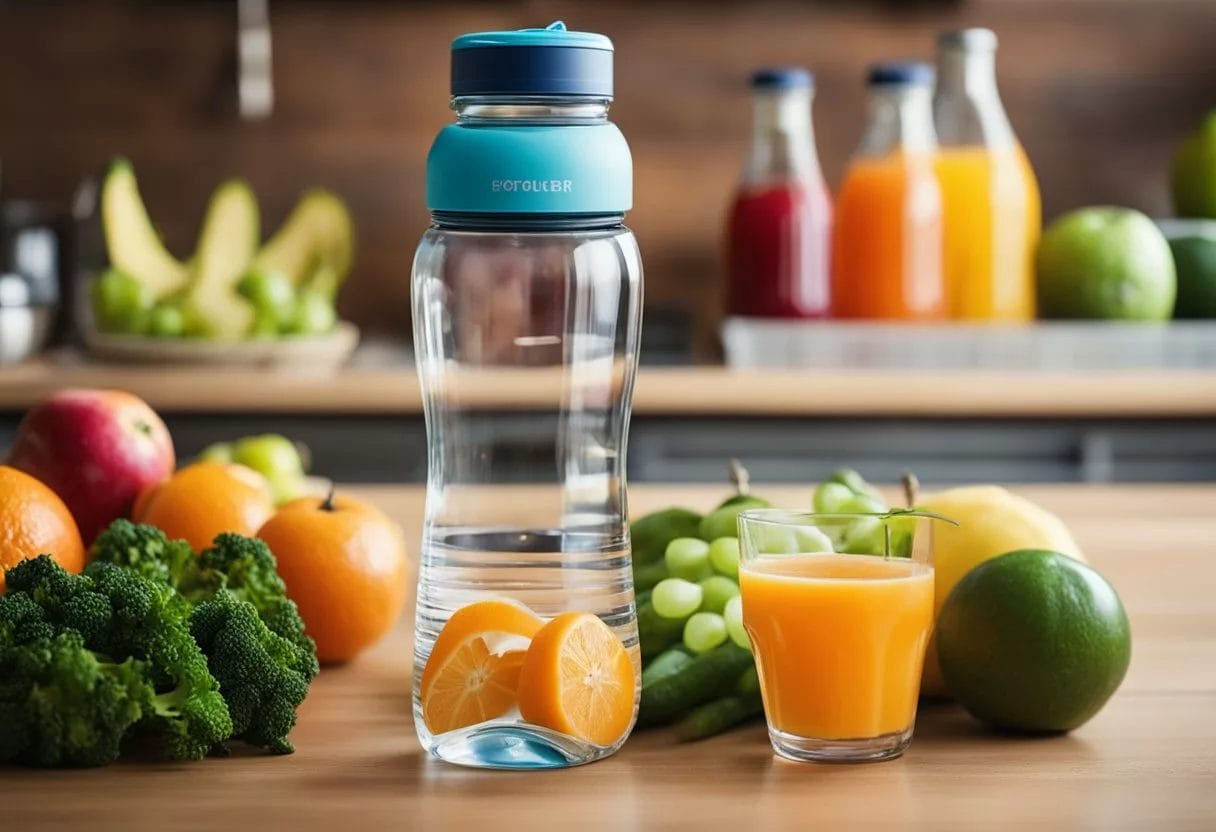 A pregnant woman's water bottle surrounded by colorful fruits and vegetables, with a glass of electrolyte drink nearby