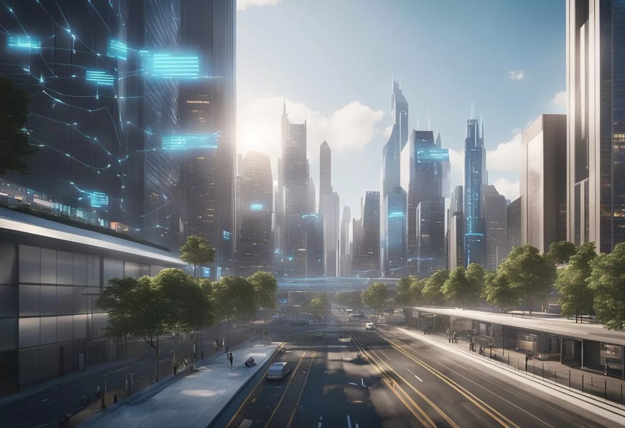 A bustling city skyline with digital health monitors and data streams connecting to various healthcare facilities