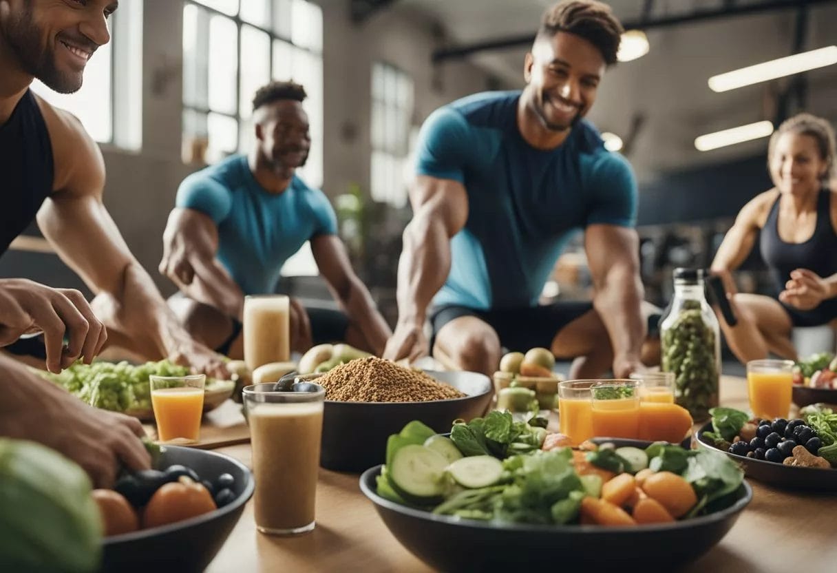 A group of diverse individuals engaging in various physical activities, such as weightlifting, yoga, and running, surrounded by healthy food options and nutritional supplements