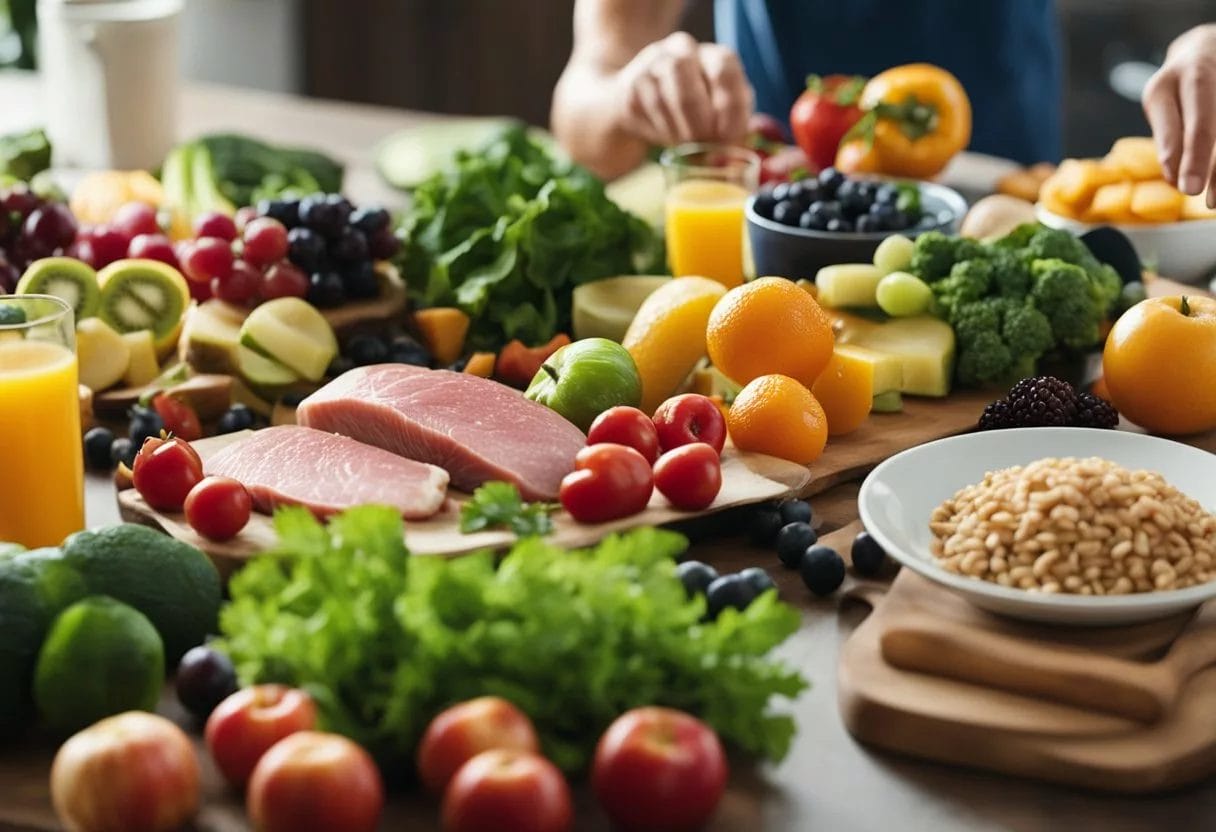 A table filled with colorful, fresh fruits and vegetables, lean meats, and whole grains. A person exercising in the background