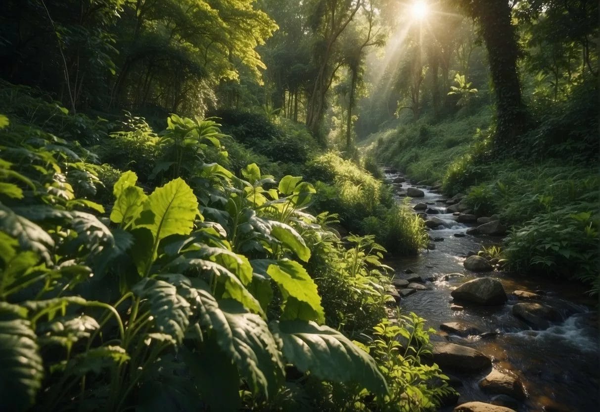A lush green forest with a variety of fruits and vegetables growing abundantly, surrounded by clear streams and vibrant wildlife