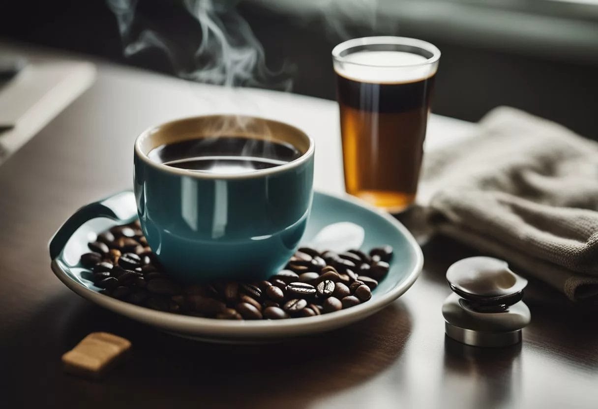 image-842 - Preventive Medicine Daily A steaming cup of coffee sits on a table next to a bottle of antibiotics and a glass of water