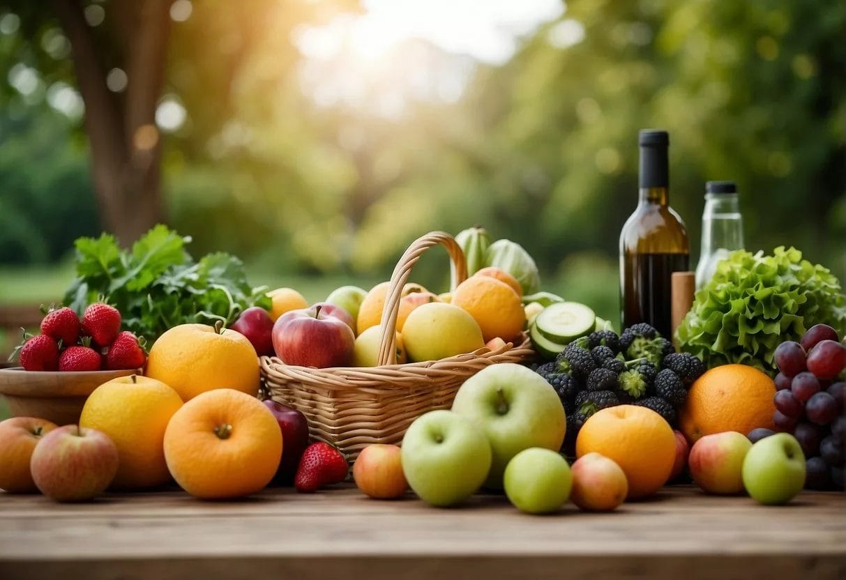 A table with fresh fruits and vegetables, surrounded by calming natural scenery, with a person feeling satisfied after eating