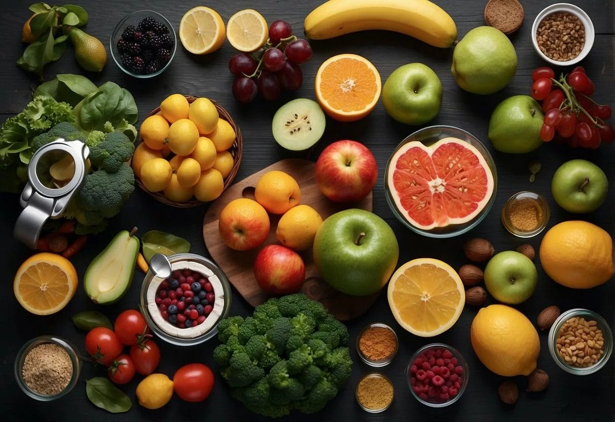 A variety of healthy foods and drinks, including fruits, vegetables, and water, surrounded by a tape measure and a scale