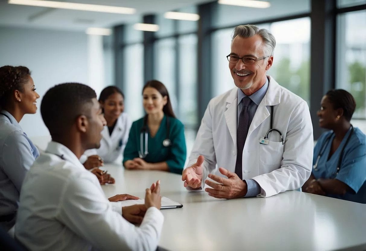 A smiling doctor explains cholesterol management to a group of attentive patients in a bright, modern clinic setting